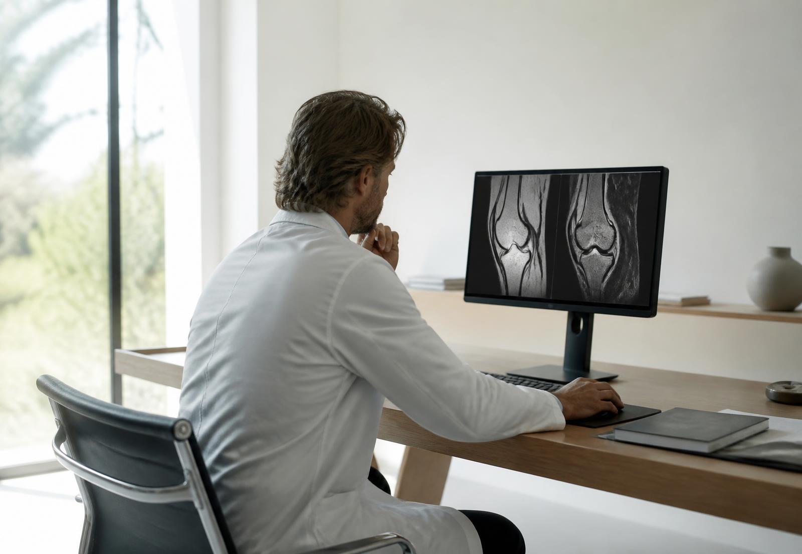 An orthopedic specialist reviewing an MRI scan of a knee in a quiet consultation room